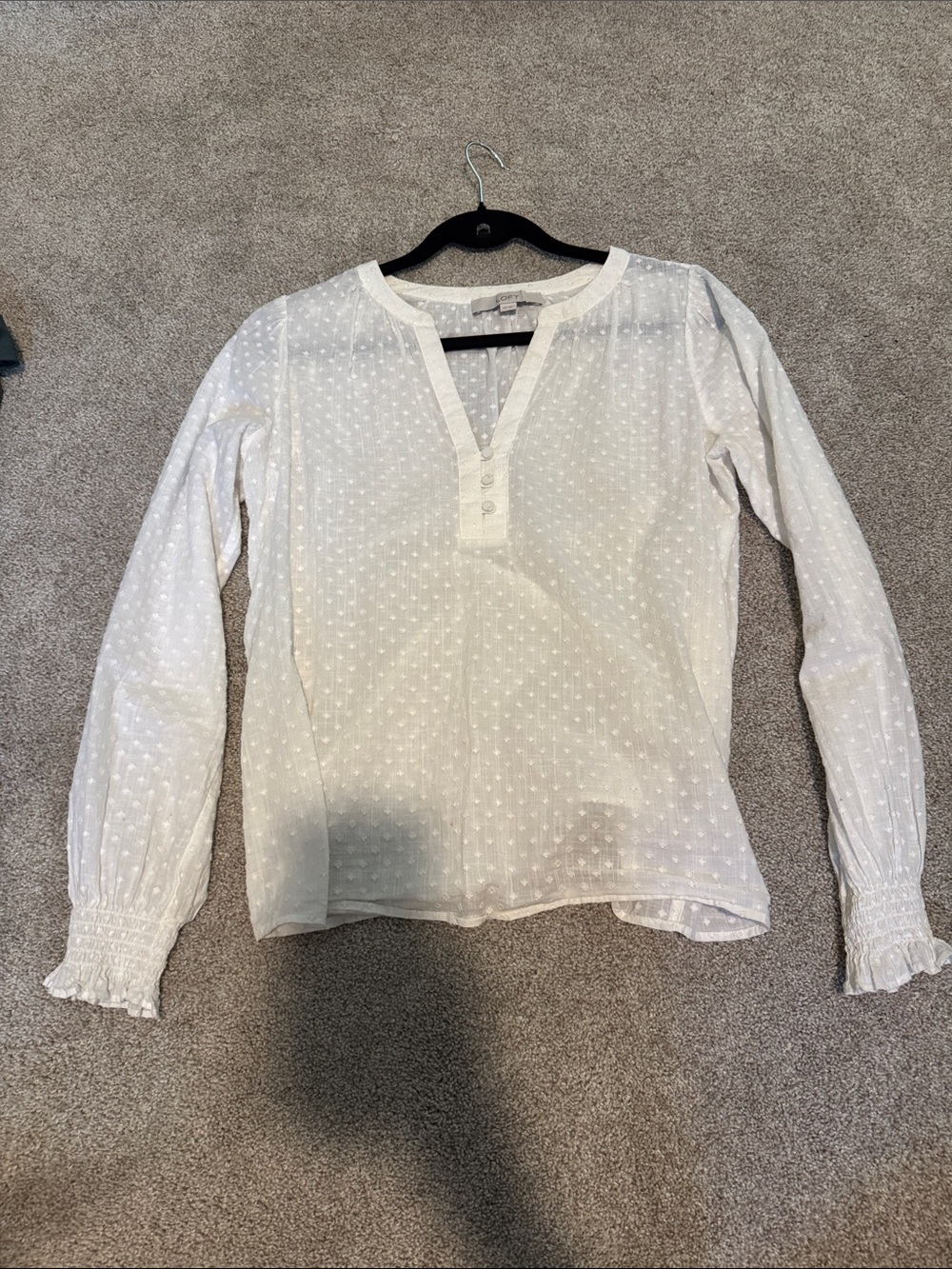 LOFT White Swiss Dot Split Henley Blouse